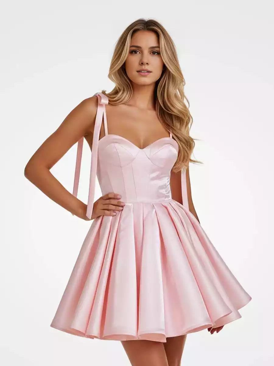Exquisite thin shoulder strap short satin A-line silhouette bow sleeveless lace up back Homecoming Dresses